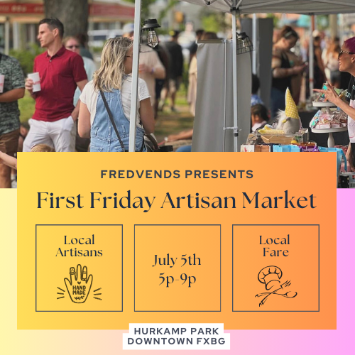 FredVends Presents First Friday Artisan Market July 5th 5pm - 9pm Hurkamp Park. Lady standing at a vendor tent. Man in the background on the left holding a white cup.