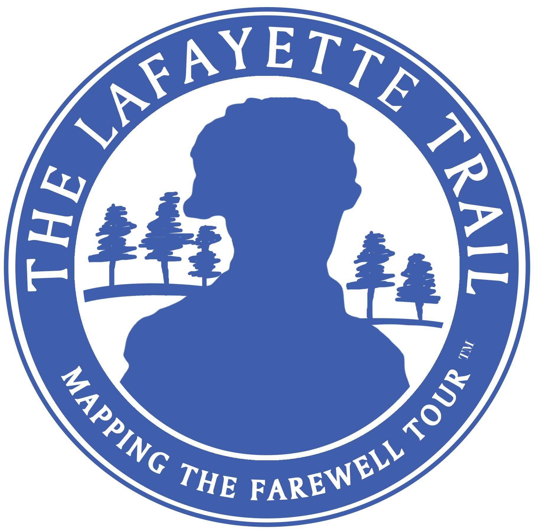 All in blue. The Lafayette Trail Mapping the Farewell Tour. Silhouette of Lafayette bust with tree in the background