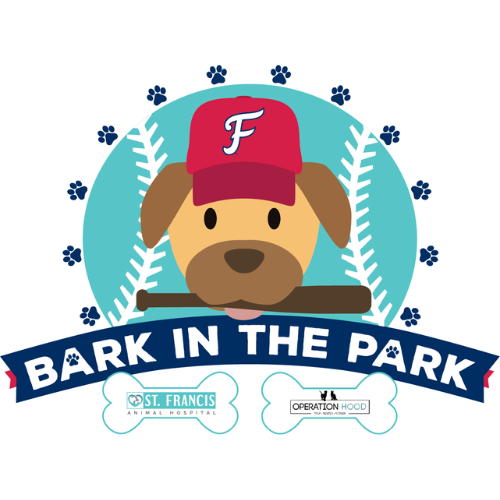 Bark in the Park. Blue baseball with a dog in front of it. Dog is wearing a red F hat and holding a bat in its mouth
