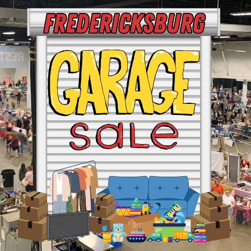 Fredericksburg Garage Sale. Text is on a white garage door with items for sale at the bottom, blue couch, clothes and boxes of toys