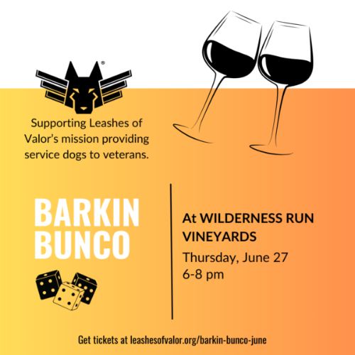 Flyer for Barkin Bunco with wine glasses at the top of the flyer