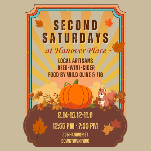 Second Saturday flyer for hanover place. Fall sunset with a pumpkin and a squirell