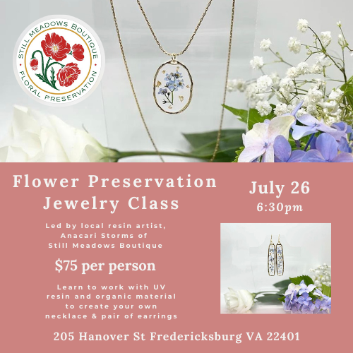 Flyer for Jewelry class. Bottom of the flyer has a pink background with information about the event. The top part of the flyer has a photo of a necklace with flowers on the side.