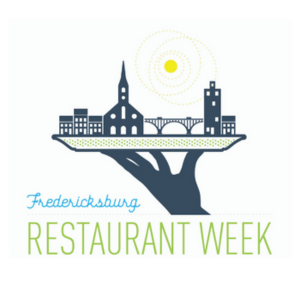 Fredericksburg Restaurant Week. The Fredericksburg Skyline (consisting of 3 small building, a church with a long steeple, the train bridge, and a tall building with another small one) sitting on a plate with a hand holding the plate. Sun above the skyline.