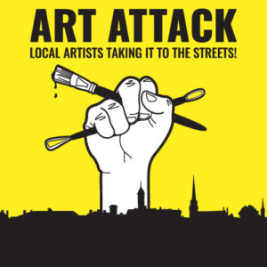 Fist holding paint brushes above the Fredericksburg, VA skyline with a yellow background.