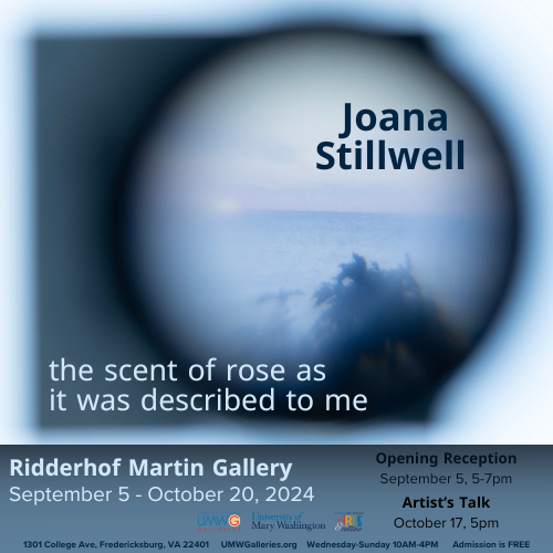 Joana Stillwell event flyer at UMW. Flyer lists event details with a picture of a blue sky in the background