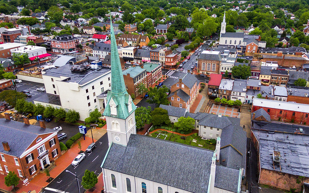 Aerial view of Fredericksburg churches