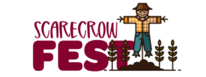 On the right, Scarecrow on a pole. Pole sits in a pile of dirt. Scarecrow Fest is on the left.