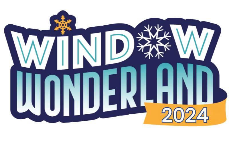 Window Wonderland 2023. The o in window is a snowflake. Letters are on blue. 2023 is on a yellow banner.