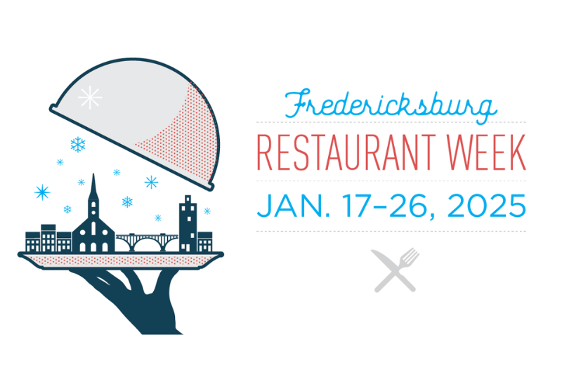 Fredericksburg Restaurant Week January 17 - 26, 2025 Blue hand holding a tray with the Fredericksburg Skyline on it. Blue snow flakes falling