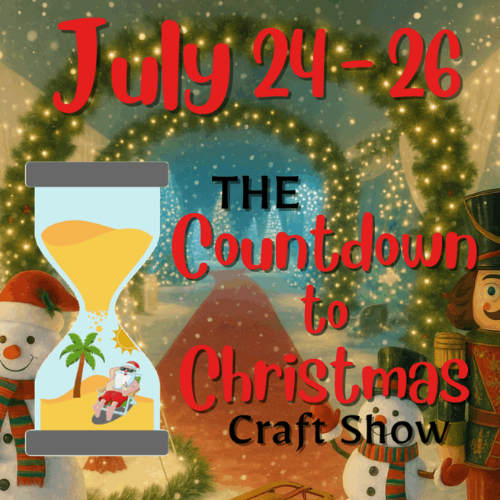 Pathway decorated with Christmas lights and text with event title and date in red.
