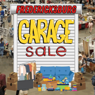 Garage sale graphic over a large room full of people selling items.