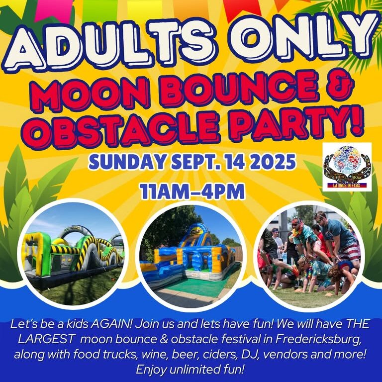 Adults only moon bounce party flyer with photos of moon bounces.