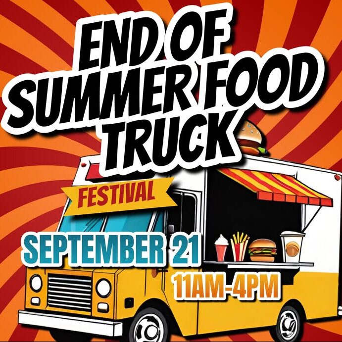 red and orange swirl background with a photo of a food truck and event title text.