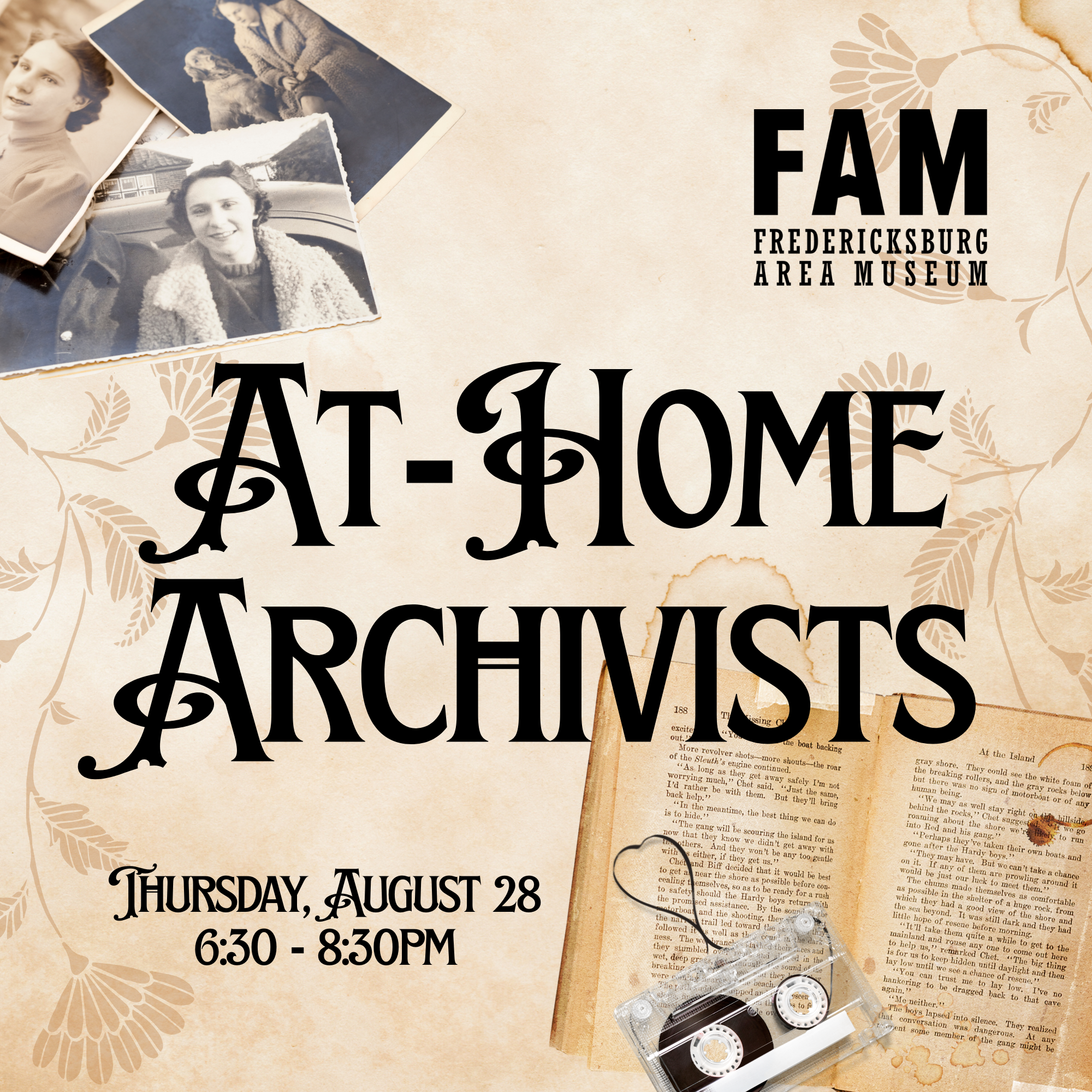 At Home Archivists text with old photos and FAM logo in upper right corner.