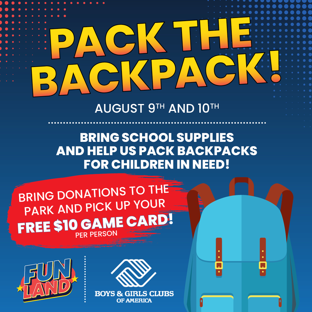 Pack the backpack flyer with event information, logos, and a backpack image.