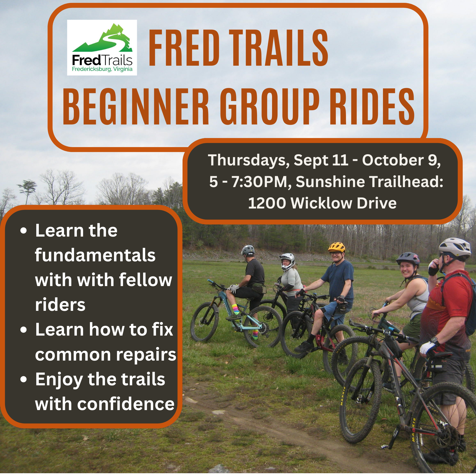 Fred Trails beginner group rides flier with photo of people biking.