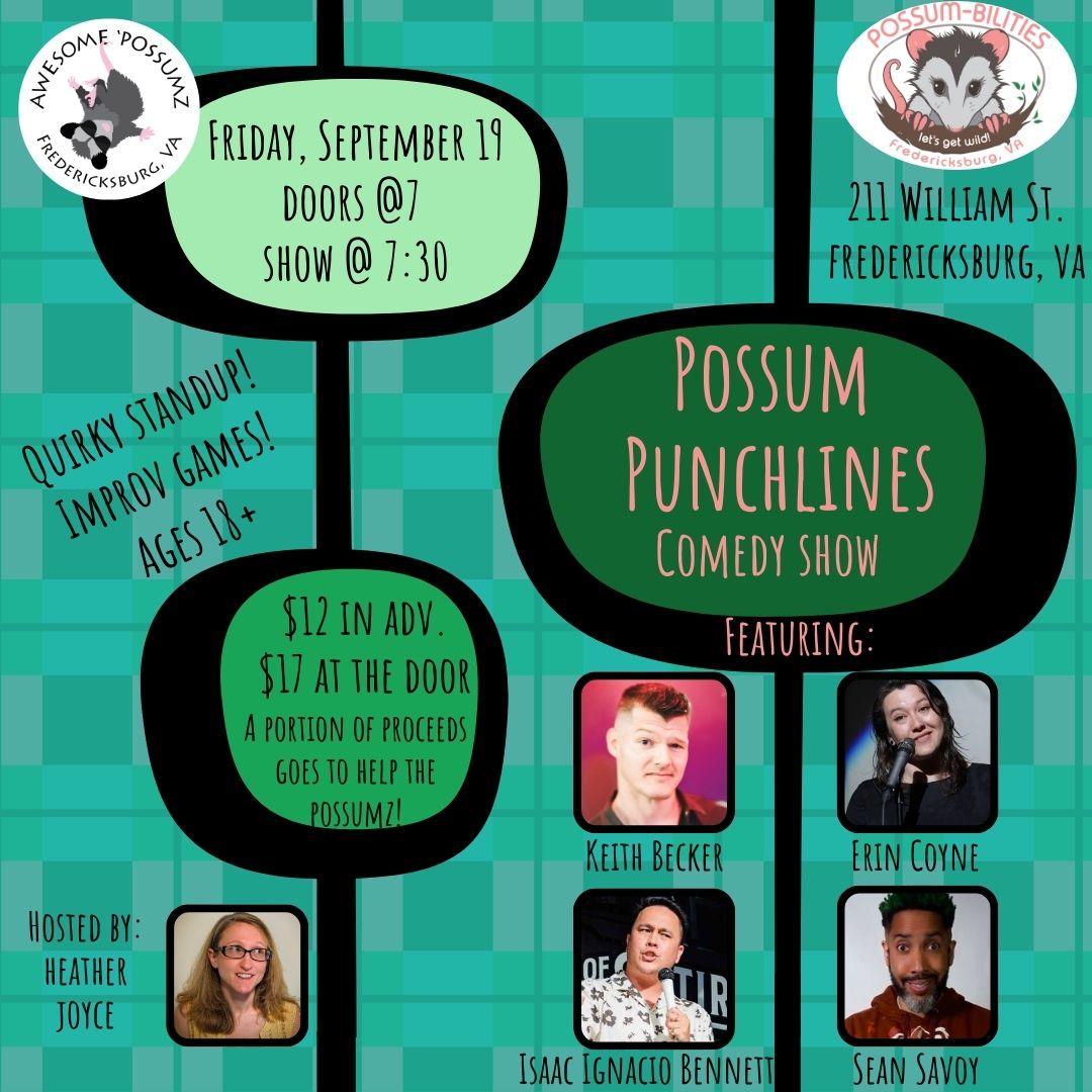 Flyer for september's Possum Punchlines comedy show with images of performers.