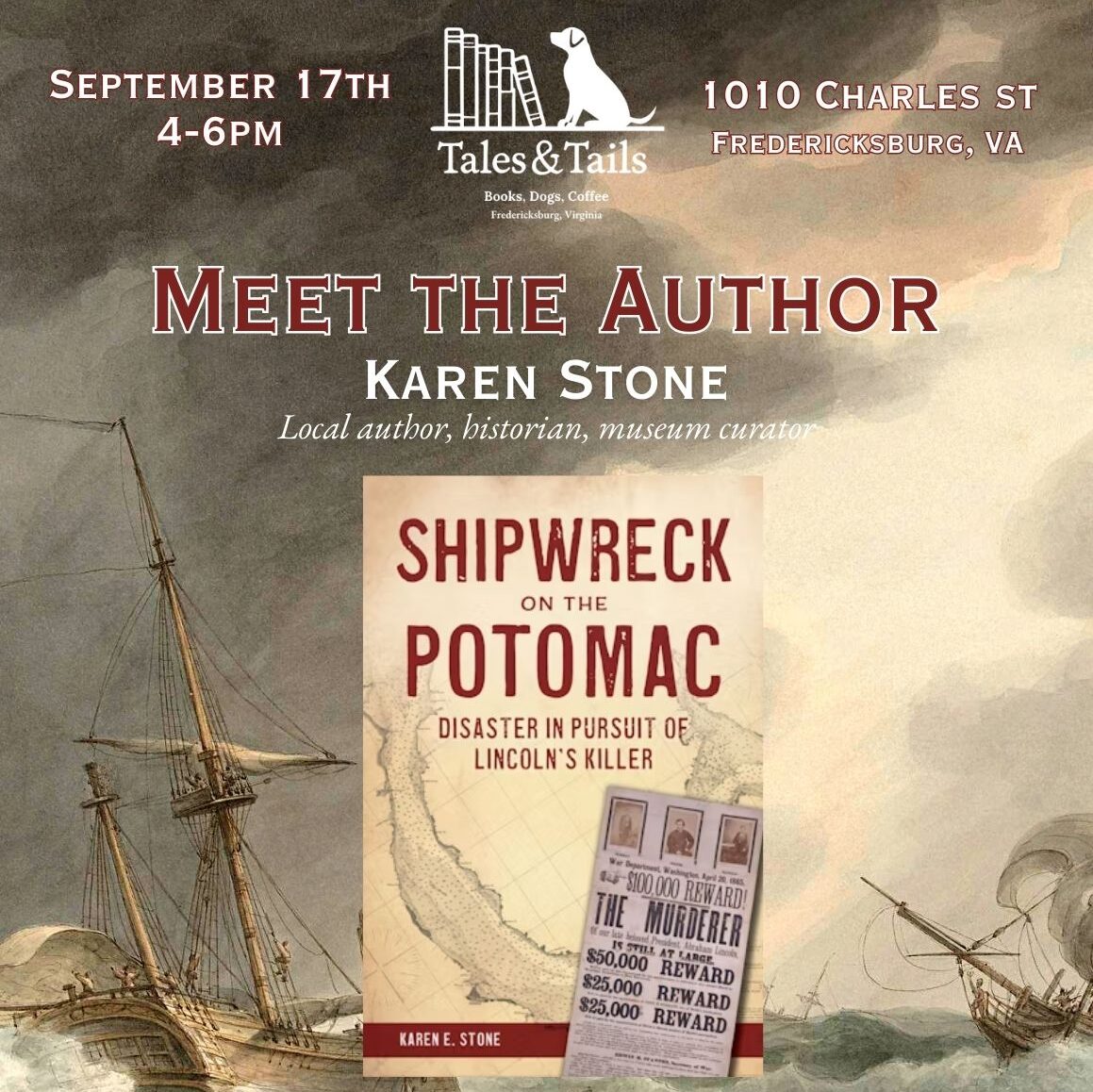 Meet the author flyer with a photo of a ship behind the cover of "Shipwreck on the Potomac"