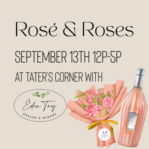 Bottle of rose and flower bouquet on a tan flyer.