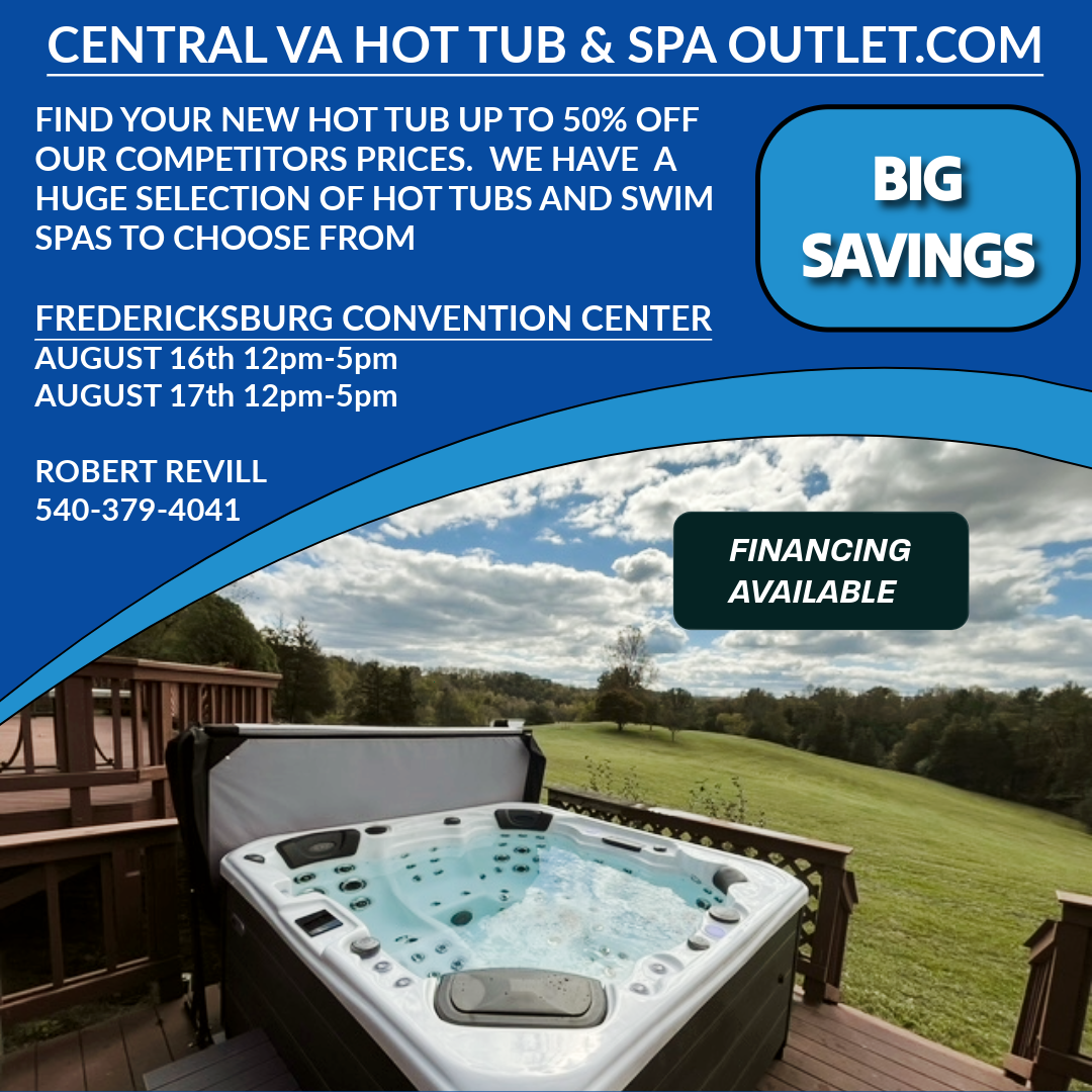 Hot tub outlet flyer with event information and a hot tub photo.