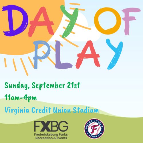 cartoon sunny landscape with "day of play" text.
