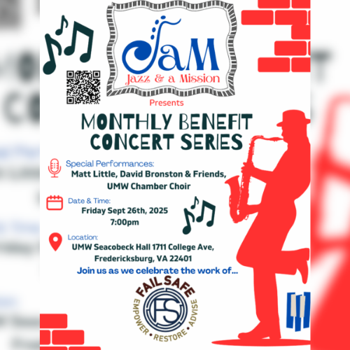 Jazz and a Mission concert series flier with an outline of a man playing the saxophone.