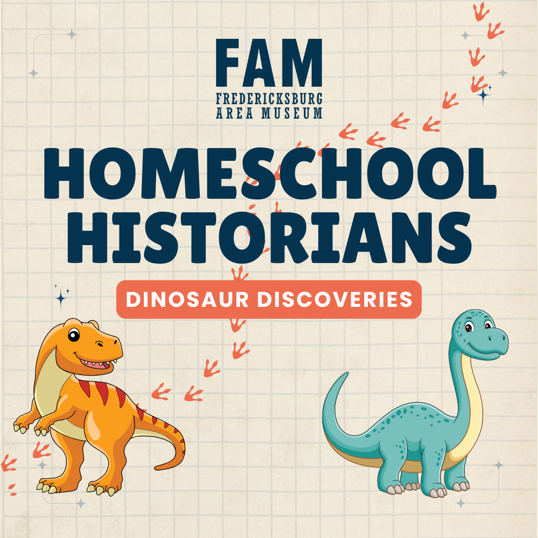 FAM Homeschool historians flyer with two cartoon dinosaurs.