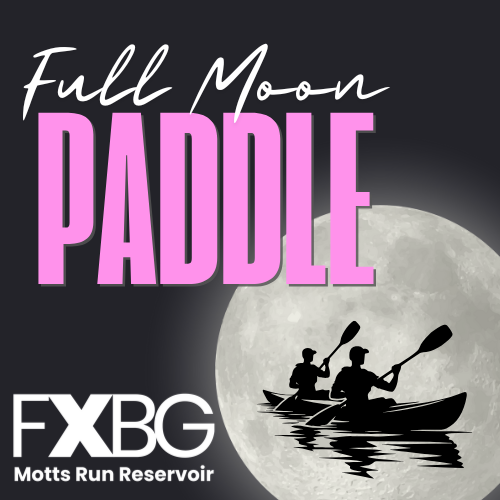 Silhouette of kayakers under a full moon.