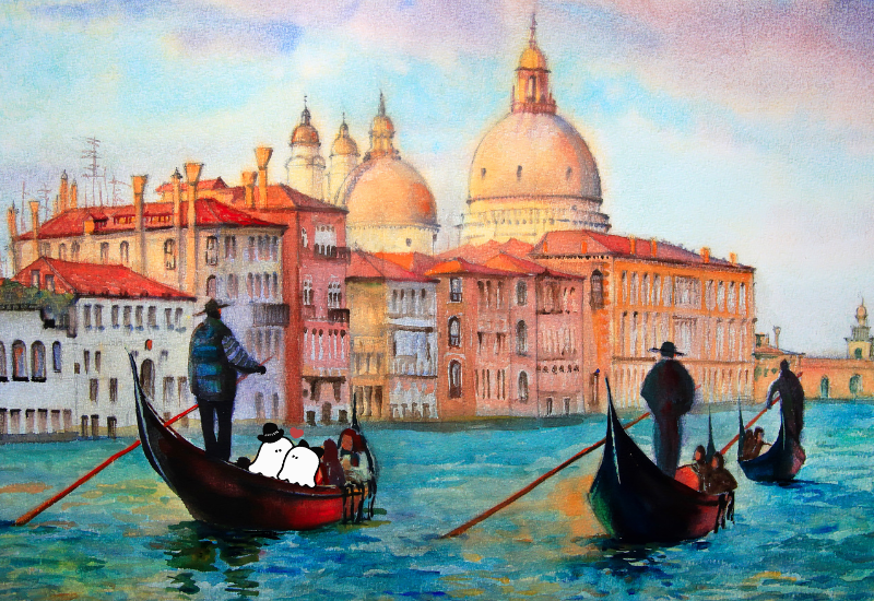Painting of two ghosts sitting in a gondola on the river with a city back ground