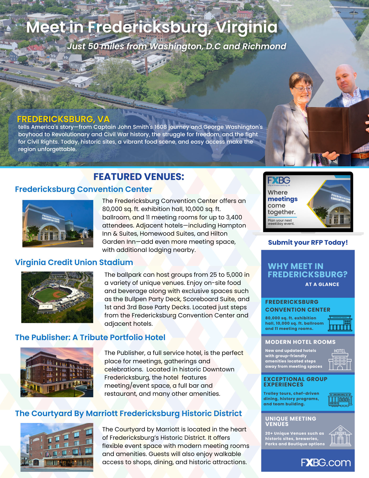 Page 1 of the Meetings Profile sheet with shows featured FXBG meeting venues such as the Fredericksburg Convention Center and At A Glance facts about the City.