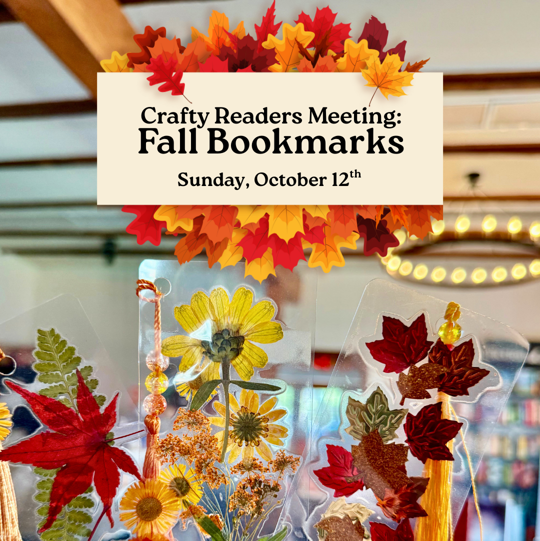 Photos of fall leaf bookmarks overlooking Tales & Tails bookstore.