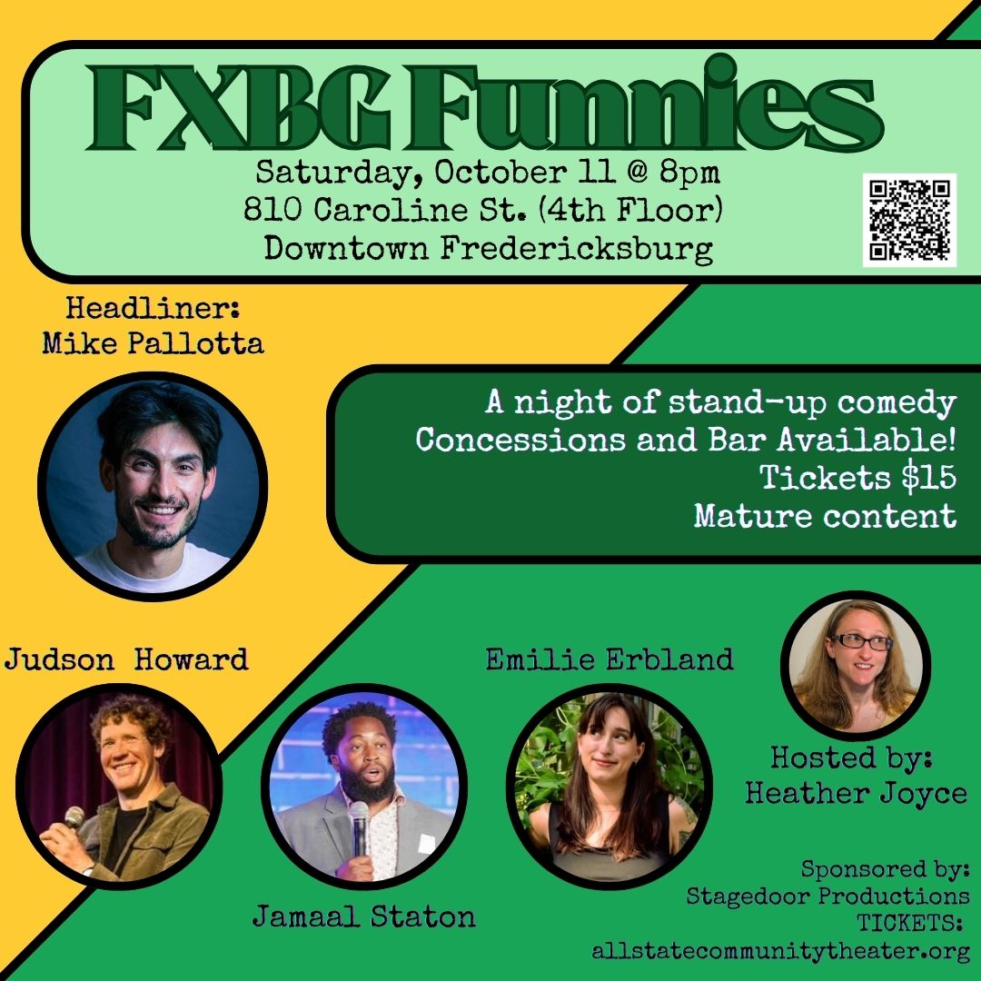 Yellow and green comedy night flyer with 4 photos of performers.