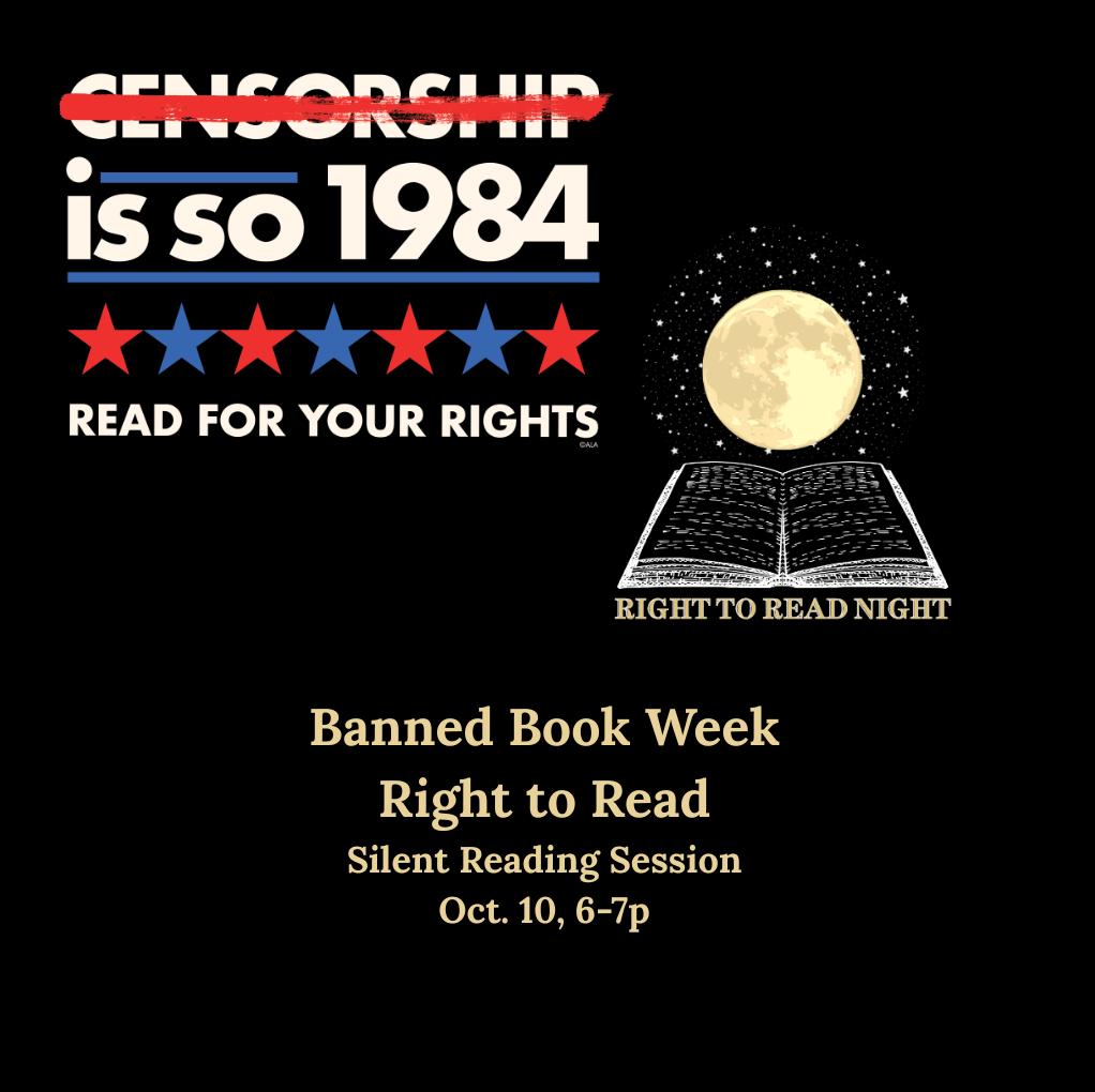 Right to read book club flyer with an image that says " Censorship is so 1984".