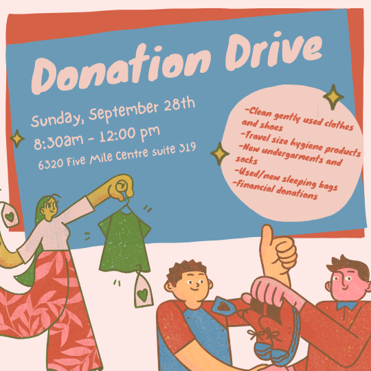 Donation drive information with cartoon images of people donating and shopping for clothes.