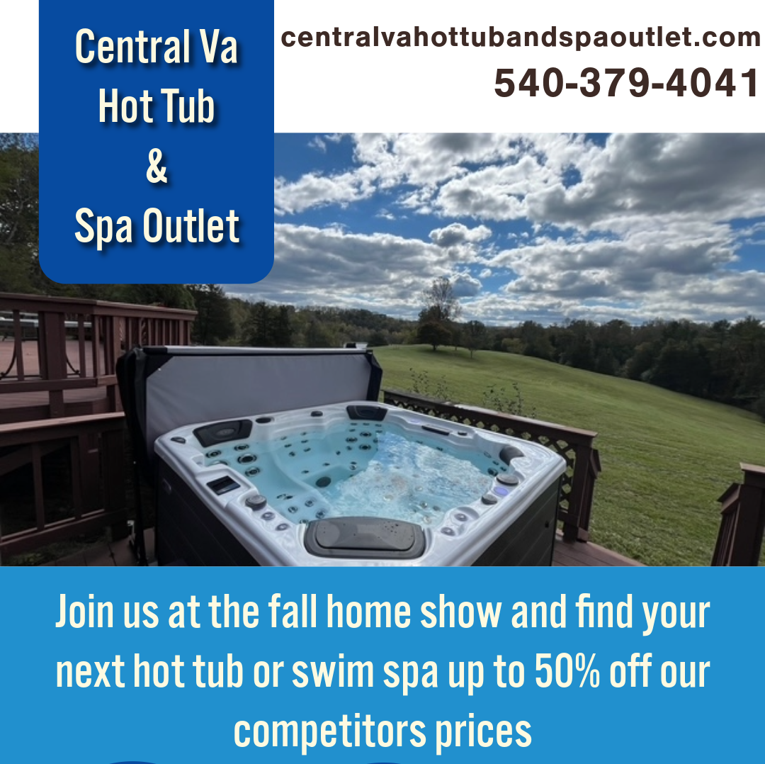 Photo of a hot tub on a deck with show information.