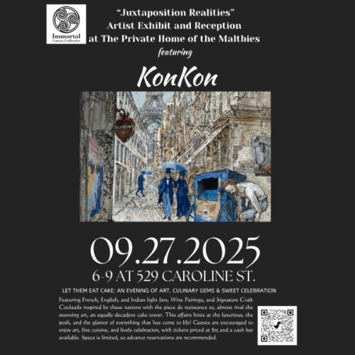 Grey flyer with a photo of a painting of paris.