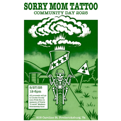 Green and white monochromatic flyer with a skeleton on a bike driving away from a nuclear explosion.