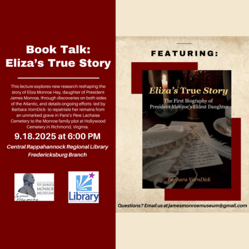 Eliza's Book talk flyer with event information and an image of the book.