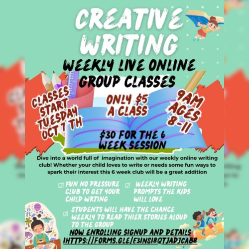 Creative writing class flyer with informational text and graphics of school supplies.