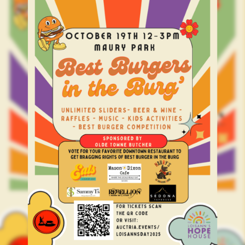 Multicolor flier with "Best Burgers in the 'Burg" title.