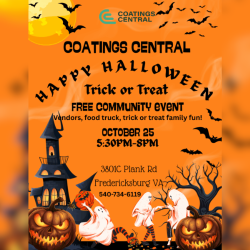 Community Trick or Treat Event flyer with halloween decorations and spooky imagery.