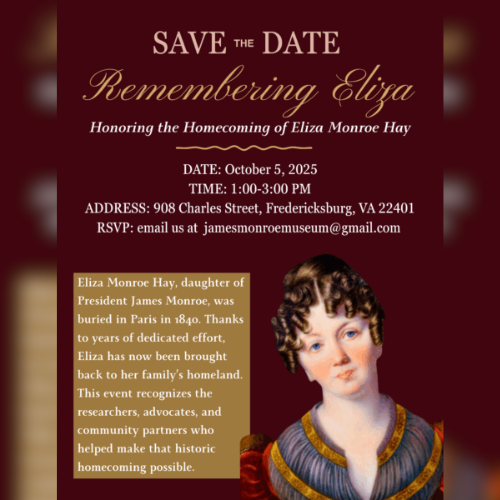 Painting of Eliza Monroe Hay with a paragraph f informational text and event information.