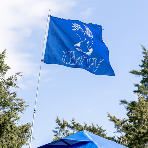 Blue UMW flag waving in the wind.