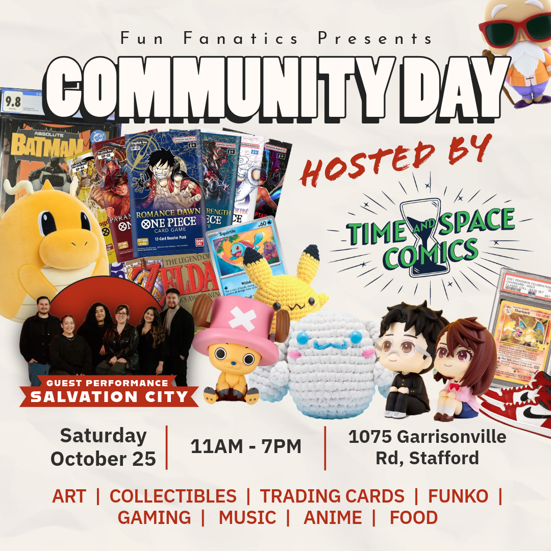 Comics and stuffed animals pictured. Community day flyer.