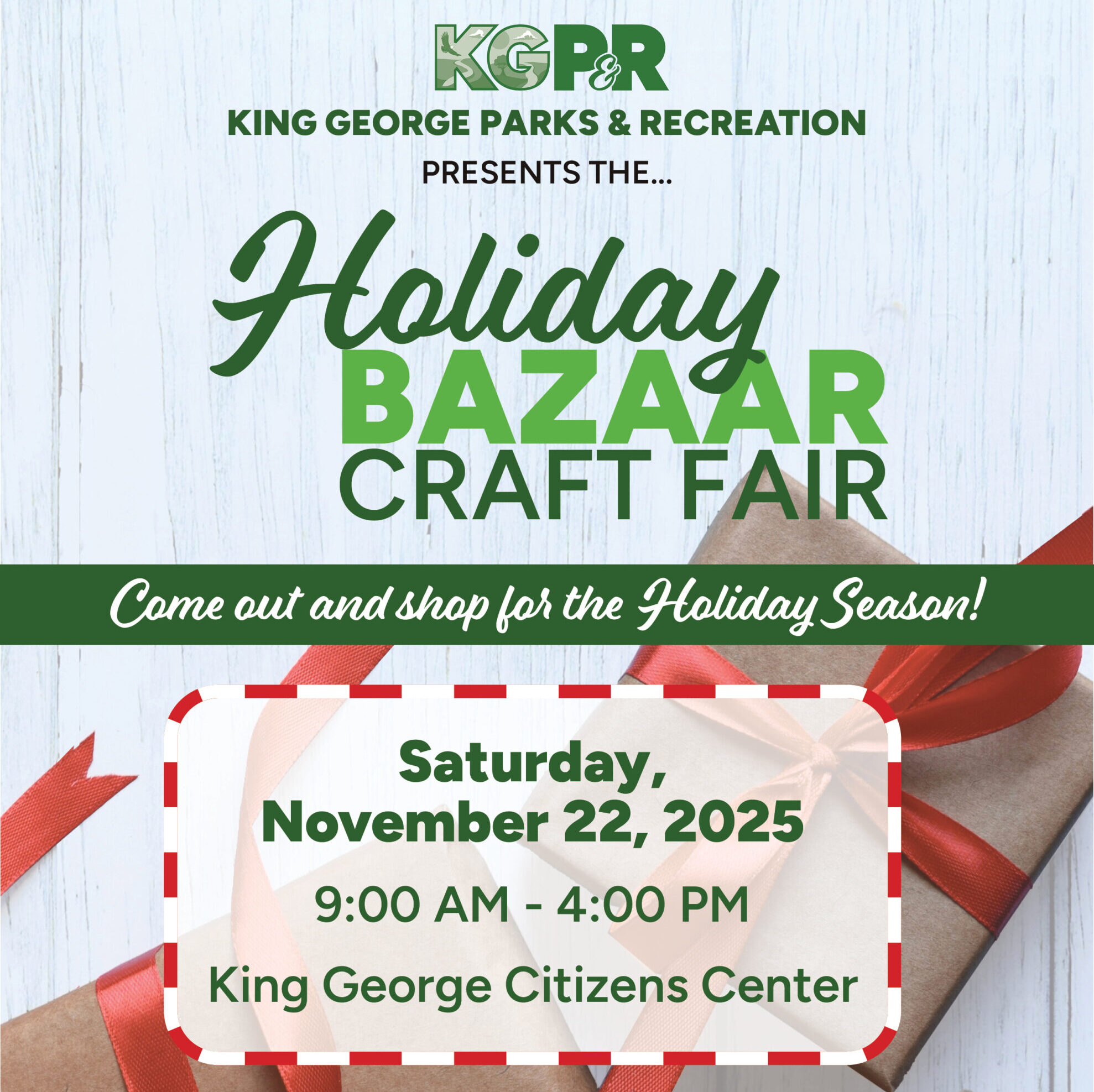 wrapped presents in the background with information on the craft fair in text.