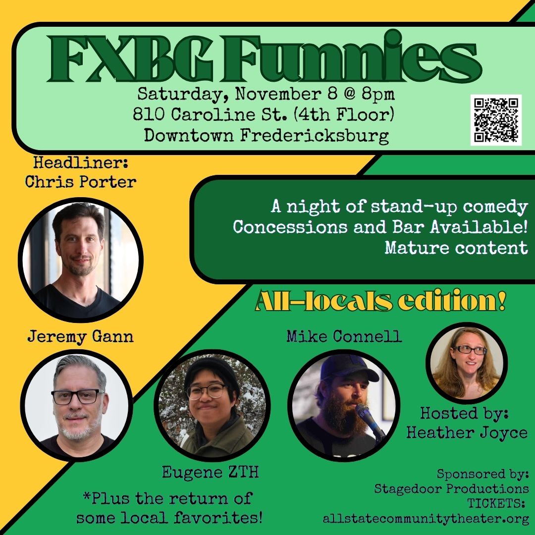 FXBG Funnies event flyer with 4 photos of performers and one photo of the presenter.