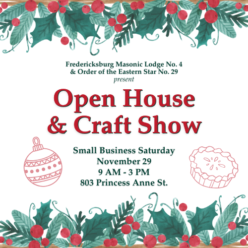 Holiday open house and craft show flyer with garland and ornaments.