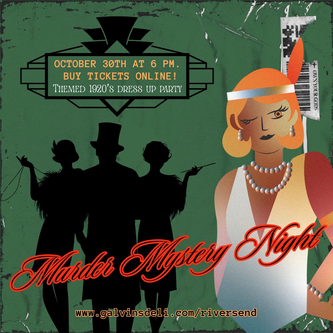 Murder mystery flyer with 20's theming and an image of a flapper.