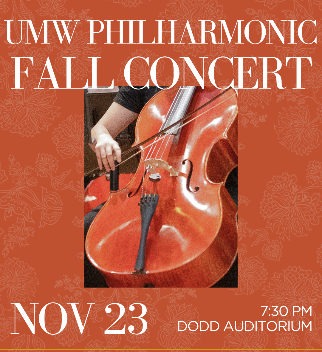 Photo of someone playing the bass up close. Orange background on the flyer with information on the fall convcert.